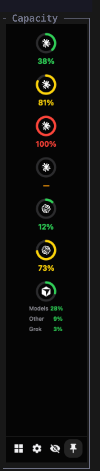 Narrow Herdr widget: a column of rings with names hidden, and the pin button