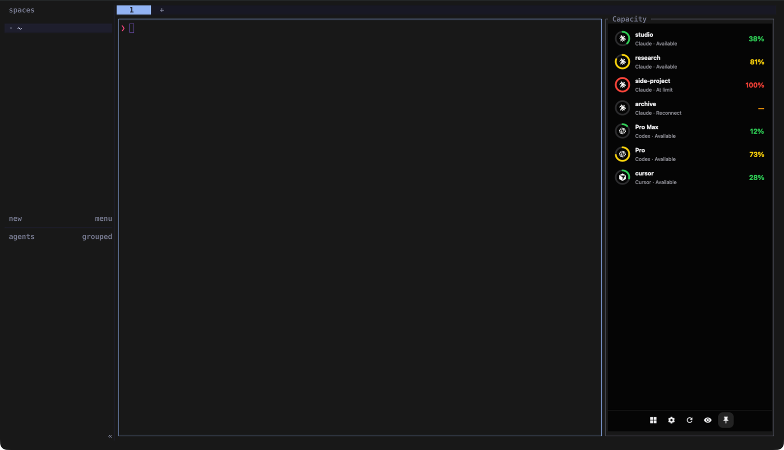 Herdr widget pinned on the right of a terminal tab, a row per account
